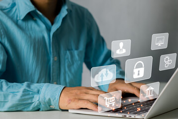 data security and encryption, secure access to user personal data, secure internet access, cyber security Businessman touching an icon key through the virtual screen,concept of cyber security.
