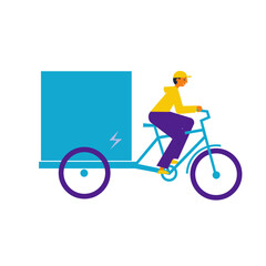 Delivery man riding electric cargo bike with container. Cartoon geometric vector