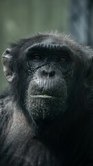 Naklejka premium Close-up frontal portrait of an adult chimpanzee with an introspective gaze, highlighting facial expressions and skin texture, captured in a natural environment