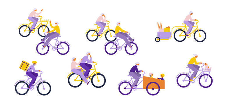 Senior people driving cargo bikes set. Elderly happy men and women on bikes carry different cargo, goods, children, dog, things, have fun. Flat vector illustration