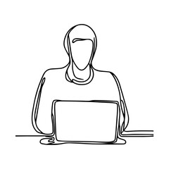 One line vector illustration. A man is sitting at a laptop. Minimalism.