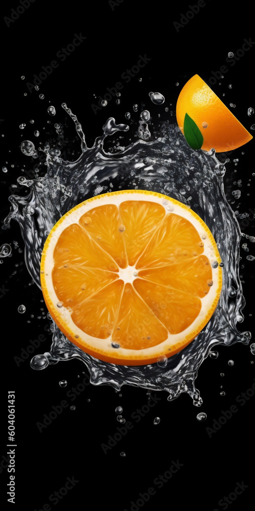 Sticker Close-up cut orange and the collision motion of water in the air