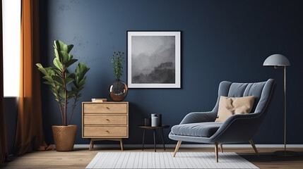 Mockup frame on cabinet in dark blue Scandinavian style.