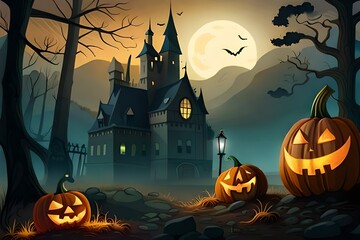 Halloween night background with pumpkin, old house for historical purposes. Haunted castle with cemetery and icons in halloween scene