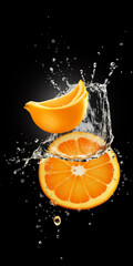 Fototapeta na wymiar Close-up cut orange and the collision motion of water in the air