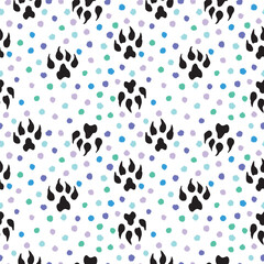 Fototapeta na wymiar Black animal footprint and colorful speck pattern.