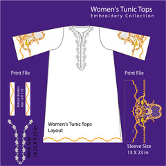 Embroidery design for Women's Tunic tops with tech pack, artwork, and technical details.