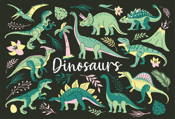Set of cute bright dinosaurs including T-rex, Brontosaurus, Triceratops, Velociraptor, Pteranodon, Allosaurus, etc. Isolated on dark with green plants Trend illustration for kid