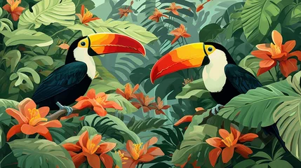 Fotobehang illustration of tropical rainforest with toucans.  © Aura