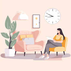 Ladies leisurely sitting and working on the sofa, flat illustration effect