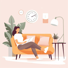 Ladies leisurely sitting and working on the sofa, flat illustration effect