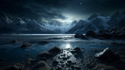 Fototapeta na wymiar Snow mountain and lake scenery at night