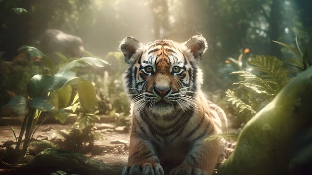 Cute Little Tiger cubs relax in the jungle in the morning of sunny day with bright sun light. Generative AI