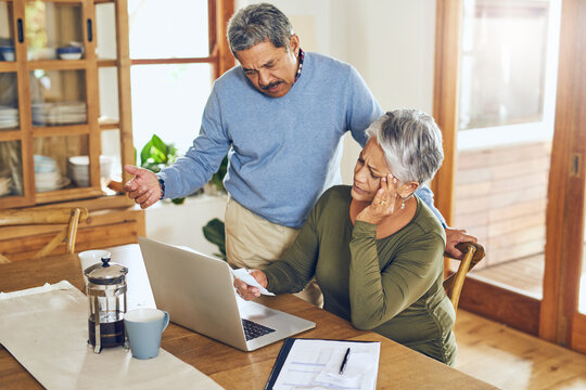 Finance, stress and senior couple on laptop with bills, paperwork and documents for life insurance. Retirement, pension and elderly man and woman with doubt for mortgage payment, investment or budget