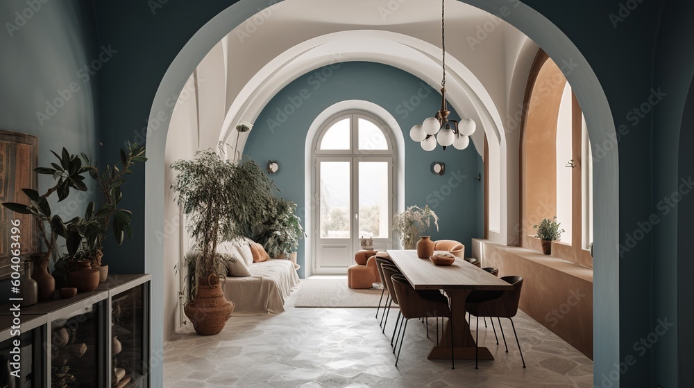 Poster a dining space that includes a table and seating for many people generative ai