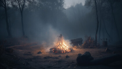 Burning campfire in spooky forest at night generated by AI