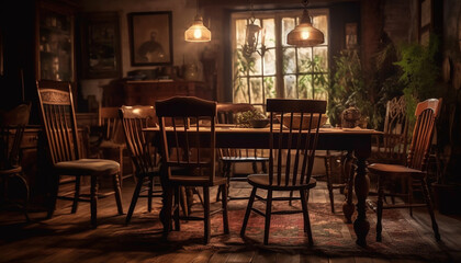 Fototapeta na wymiar Comfortable armchairs and rustic coffee table inside pub generated by AI