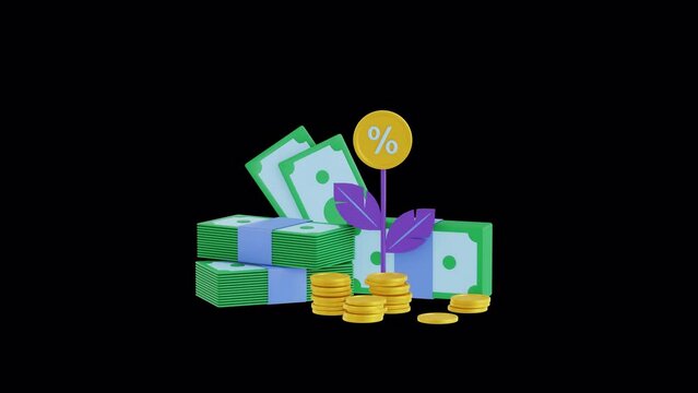 Money stacks animation. 3d render, ALPHA channel. dollar bills, banknotes, percentage. passive income concept, bank deposit, financial growth and profit. Saving and investment, budget planning