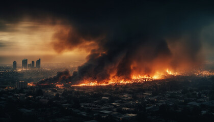 Burning skyscraper illuminates city skyline in inferno generated by AI