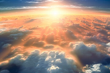 Top view of the sky, above the sun and clouds above ground. Generative Ai Illustration.
