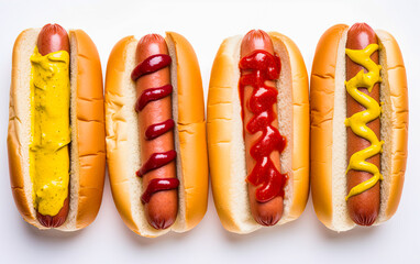 Hot dogs with ketchup and mustard isolated on white background. Top view, flat lay. Generative Ai image