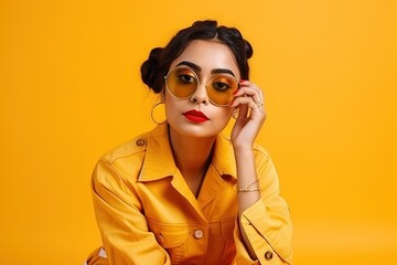 A lovely Indian woman with bright makeup sitting on yellow background generative ai
