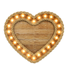 sao joao 3d render realistic wooden heart with rope and lights  - obrazy, fototapety, plakaty