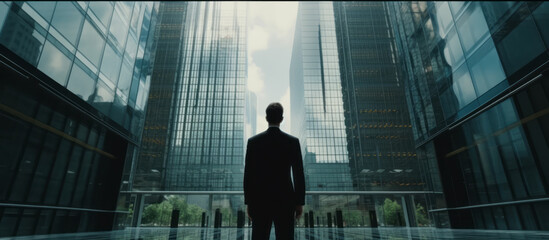 A businessman standing in front of skyscrapers. Corporate environment. Generative AI.