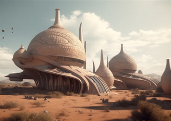 Obraz premium Uniquely designed alien-shaped villa buildings in the desert
