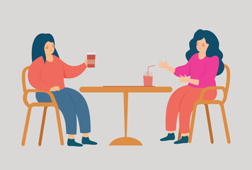 Female friends spending happy time together and talk at coffee. Two women rest in the café and have fun. Friendship and gossip concept. Vector illustration 