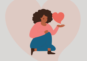 African American woman holds and a big heart. Female care a red heart with care and love while sitting. Woman love and self acceptance concept. Flat vector illustration.
