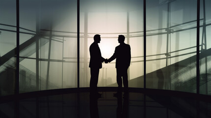 Fototapeta na wymiar Silhouettes of business people shaking hands, against the background of office buildings with glass structures
