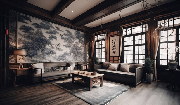 Chinese style residential living room interior