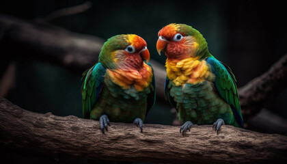 Macaw and lorikeet perching on green branch generated by AI