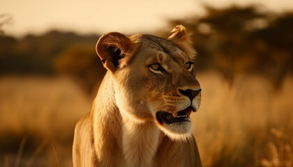 Fototapeta na wymiar Majestic lion walking in African savannah sunset generated by AI