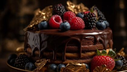 Fototapeta na wymiar Indulgent homemade berry cheesecake with fresh raspberry decoration generated by AI