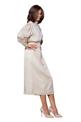 Full-length young brunette woman in stylish evening dress clothes, transparent background, png.