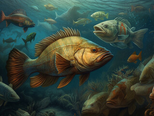 Obraz na płótnie Canvas Underwater world with fish and coral reef. 3D illustration. Created with generative AI technology. Generative AI