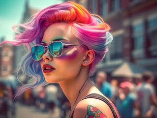 Beautiful girl on a sunny day in the city with sunglasses and rainbow coloured hair - Generative AI - 604066298