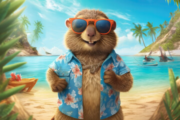 Beach animal beaver with sunglasses l on the sand.illustration AI generative
