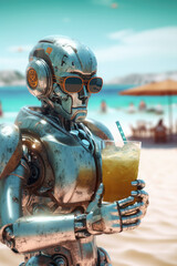 Robot  with a glass of cocktail  on the beach, with sunglasses. illustration of  AI generative .illustration AI generative