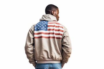 persona de raza negra de espaldas con la bandera de america en la espalda en su cazadora sobre fondo blacno. illustration AI generative - obrazy, fototapety, plakaty