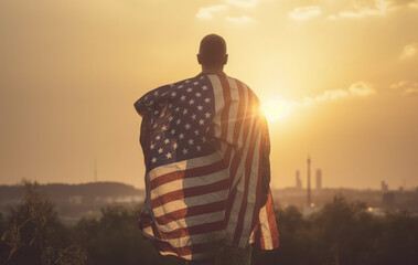 persona joven de raza negra de espaldas con la bandera de america en la espalda contemplando un atardecer. illustration AI generative - obrazy, fototapety, plakaty