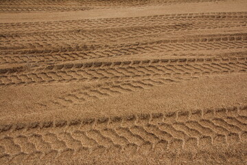 Several tractor tire tracks in the sand