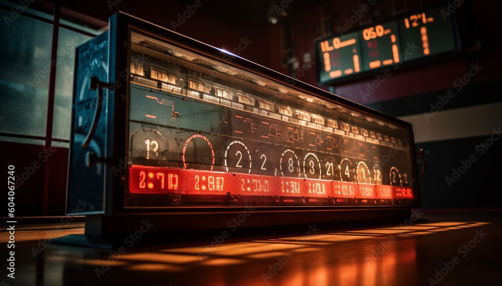 Poster glowing dashboard controls illuminate modern car speedometer generated by ai