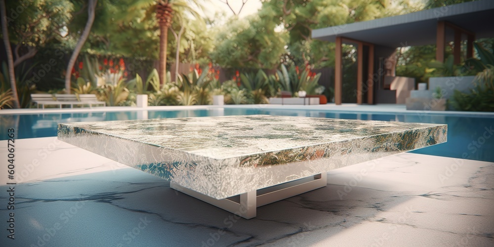 Poster a table made of marble situated in the vicinity of a swimming pool generative ai