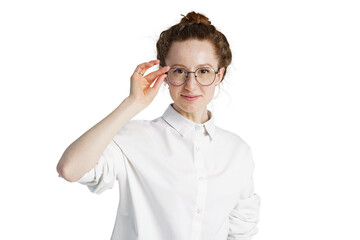Close portrait of a young female student with glasses, transparent background, png.