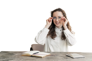 Student online education training A woman with glasses uses a computer tablet workplace, transparent background, png.