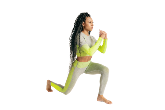 Squats athletic woman in fitness clothes for sports, transparent background, png.