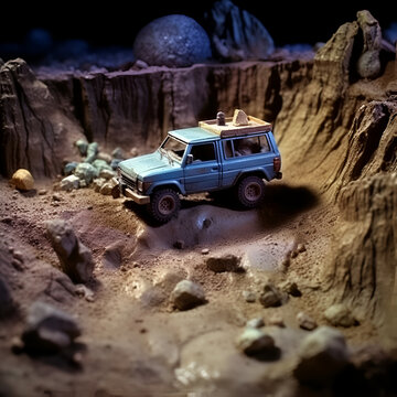 Vintage toy car on the sand at night. Selective focus. Miniature, Stop - motion animation style, offroad 4wd, 1990s.